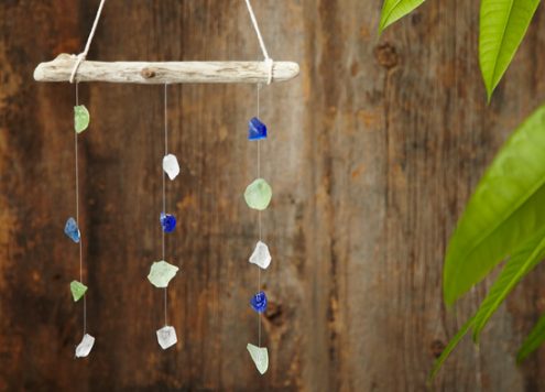 Make a seaglass mobile, using dollar store seaglass