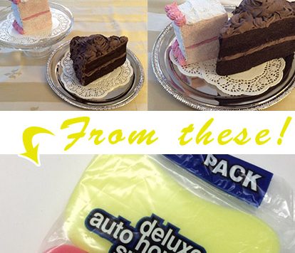 Faux Sponge Cake (made from real sponges!) - Have you ever wished for a piece of cake that had no calories? Well, wish no more! Believe it or not, these slices of cake are actually made out of ordinary household sponges. They would make great gifts or party decorations. Or use them as treats for a make-believe tea party!