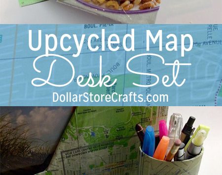 Could your desk use a little help in the organization department? Make yourself a set of organizers using an assortment of items from the recycling bin! I covered mine with free maps I got while on vacation. You can use newspaper, magazine/book pages, scrapbook paper, wallpaper, music sheets, wrapping paper, or anything else you want to decorate yours!