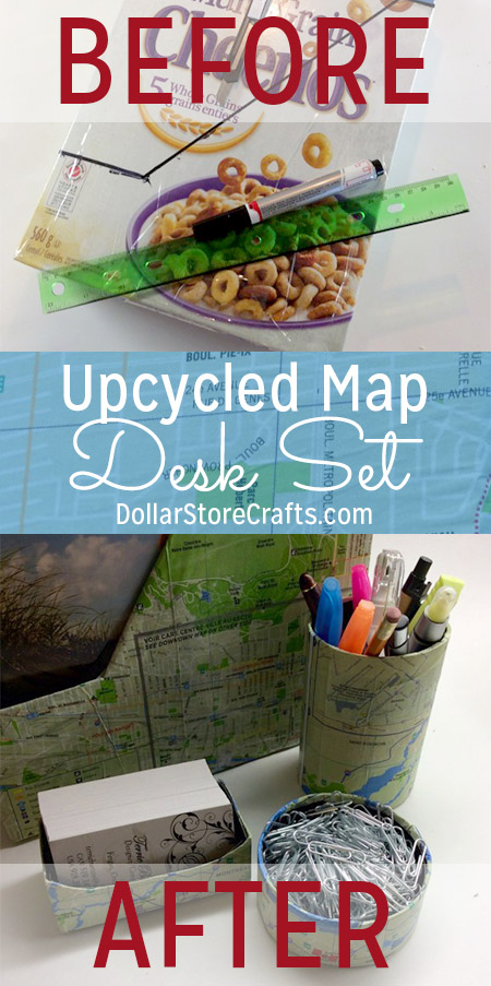 Could your desk use a little help in the organization department? Make yourself a set of organizers using an assortment of items from the recycling bin! I covered mine with free maps I got while on vacation. You can use newspaper, magazine/book pages, scrapbook paper, wallpaper, music sheets, wrapping paper, or anything else you want to decorate yours!